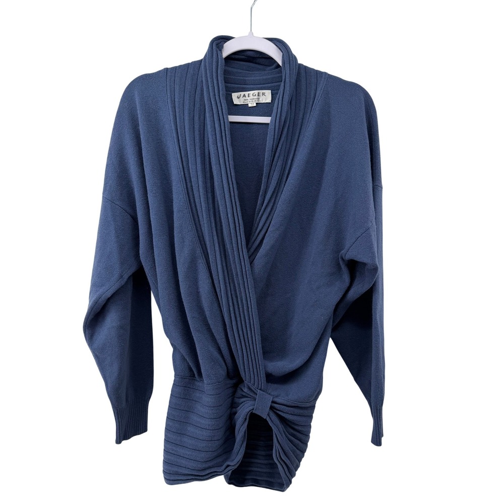 Jaeger Blue 100% Lambswool Wrap Sweater Shawl Collar Made in GB Medium